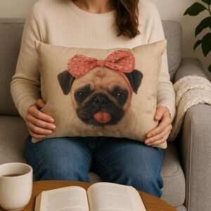 (1) New Adorable PUG Custom Made Decorative Pillow 17"x12"